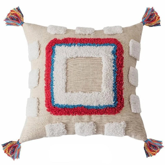 Coussin ethnique bohème colorés à franges rouge bleu beige